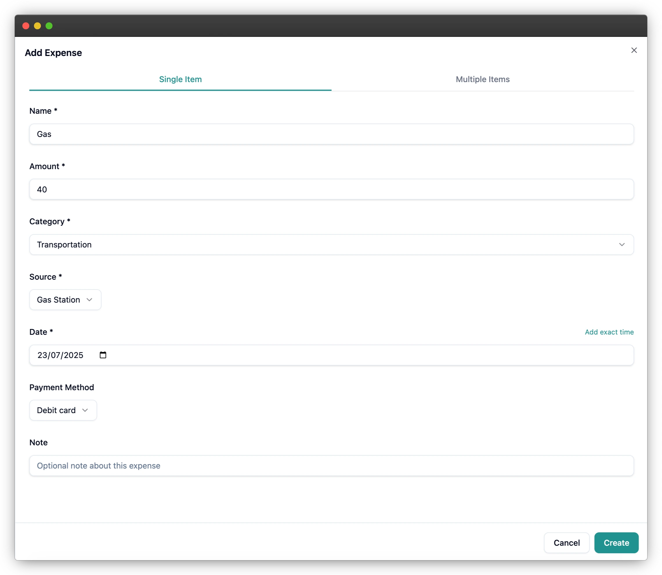 Formulario de crear gasto con ejemplo de compra puntual.