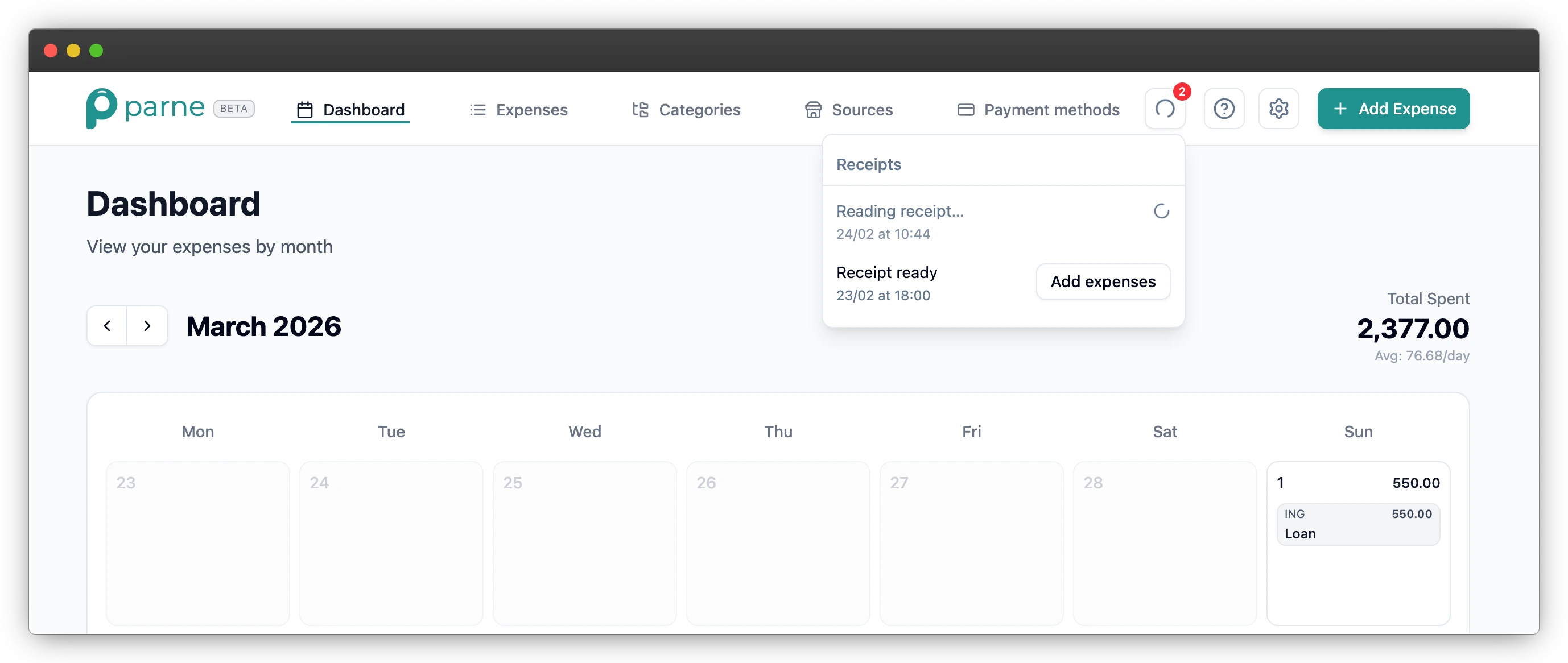 Panel de estado de recibos en proceso y recibos listos.